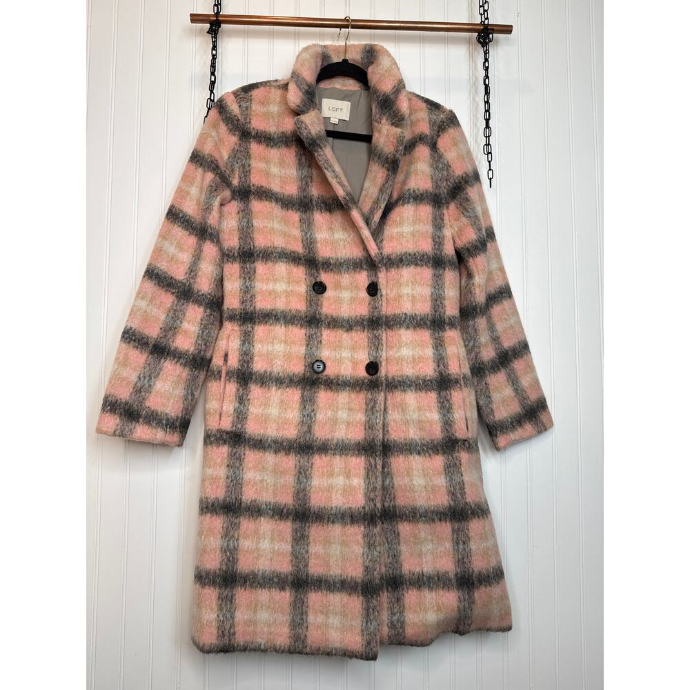 NWOT LOFT Plaid Double Breasted Coat Pink Gray Wool Blend Gorpcore Outdoor Sz M